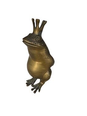 Vintage 1970s Brass Frog Prince Figurine with Crown 7” Tall